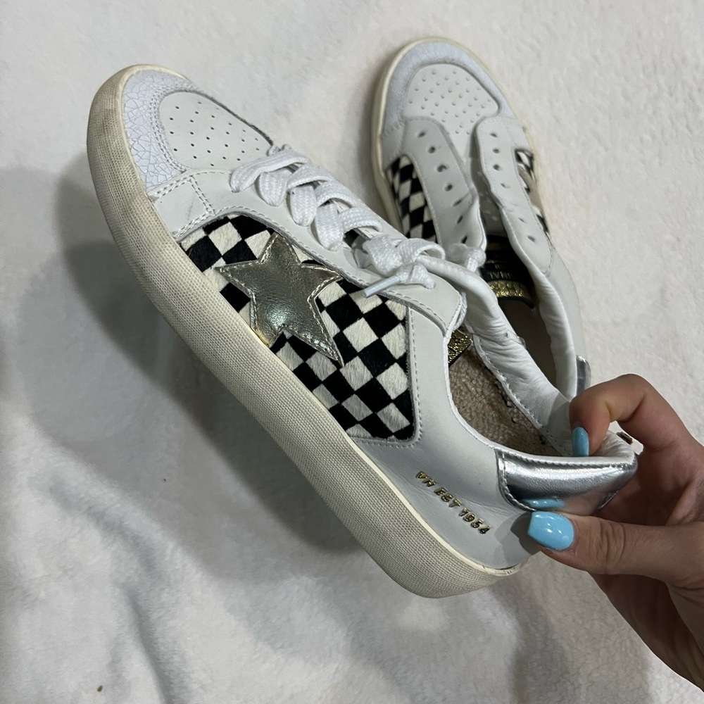 White and Silver Checkered Sneakers